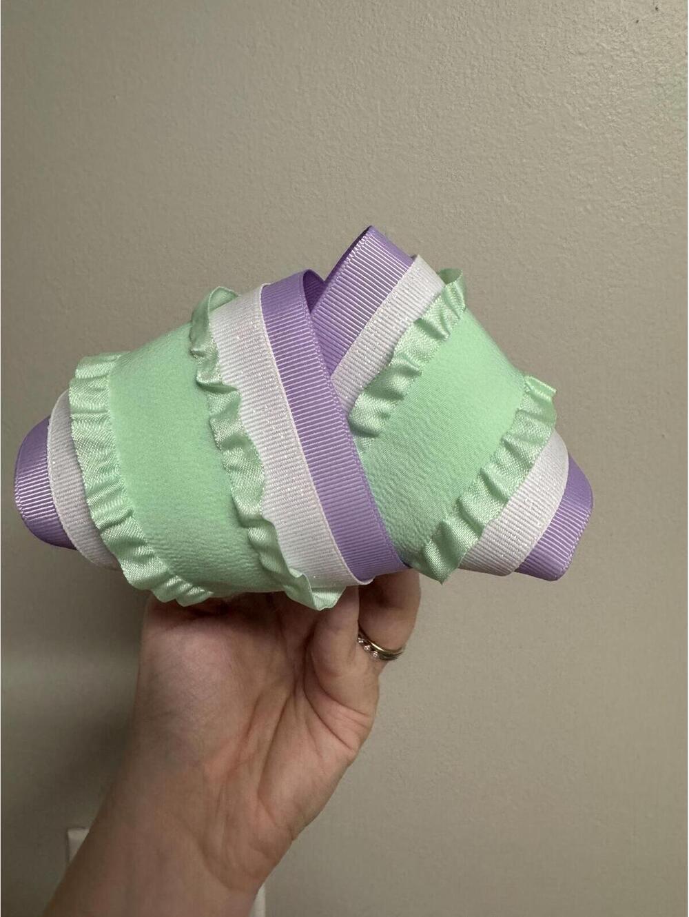 Mint Green Purple & White Ruffle Hair Bow | 5.5 Inch Stiffened Boutique Bow | - Picture 2 of 3